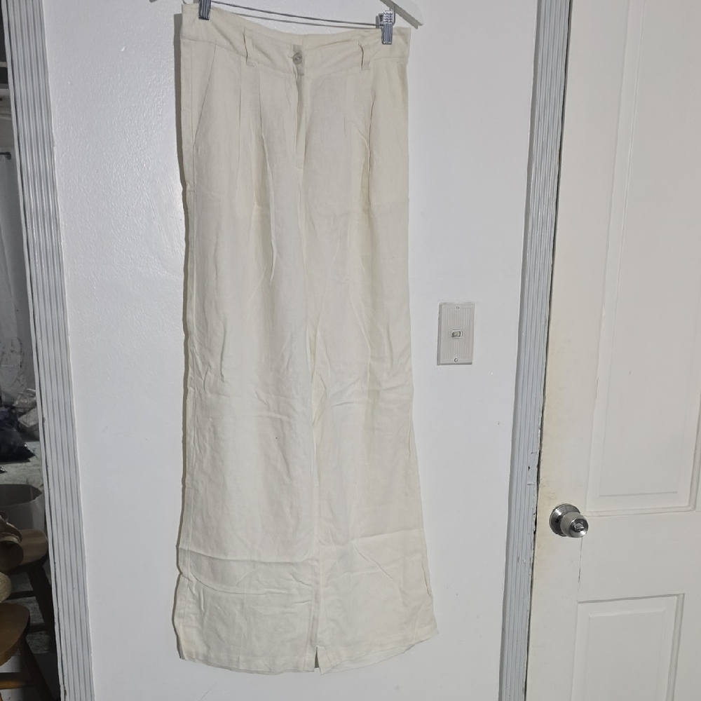Monday Size Small Cream Wide-Leg Linen Pants